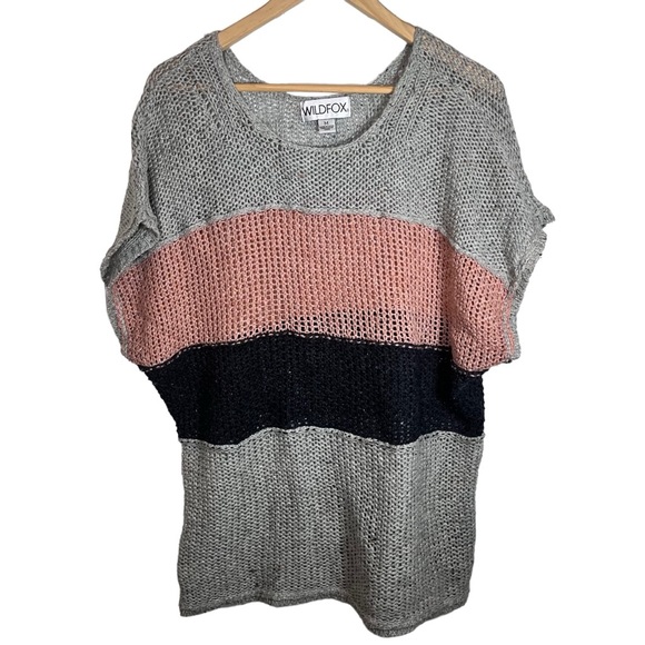 Y2K Wildfox Estate Stripe Open Knit Colorblock Short Sleeve Oversized Sweater M - Picture 2 of 7